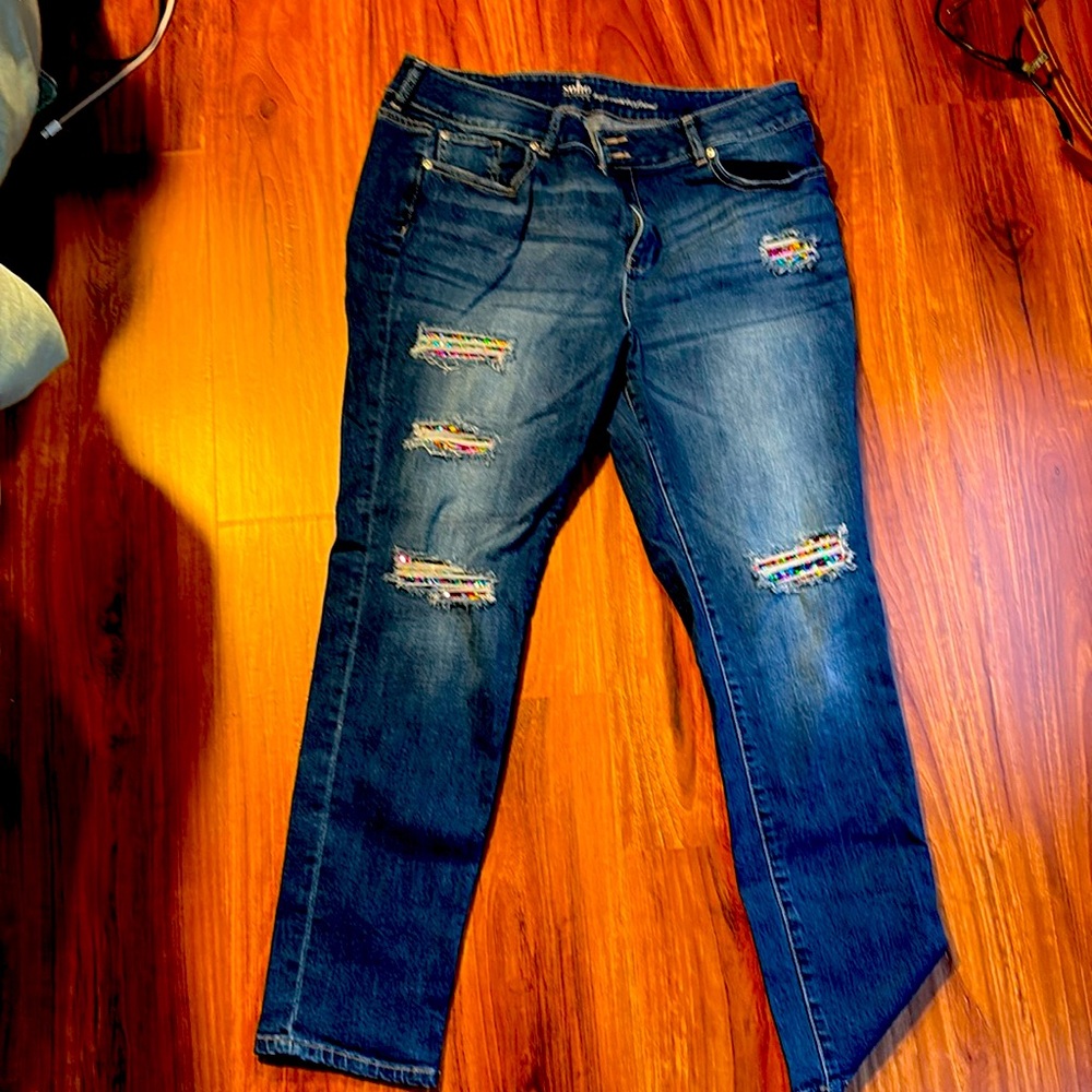 New York & Co Soho  Blue Distressed boyfriend Jeans sparkly multi sequins 14
